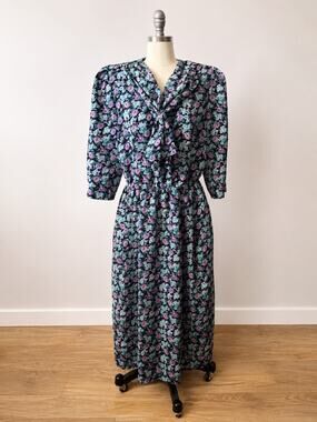 Vintage 80s Luci Fellini Floral Secretary Dress Tie Neck Midi L